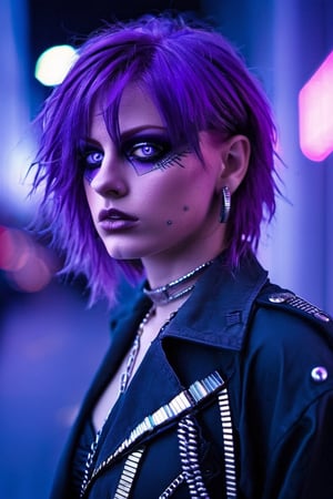 Masterpiece,  unreal resolution,  neo Tokyo, cyber,  punk,girl, 1girl,on street, tough, with beauty, a sparkle in her purple eyes.