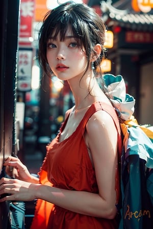 tones:1.3), low saturwoman, beatiful dress, colorful, darl background,blue theme,exposure blend, medium shot, bokeh, (hdr:1.4), high contrast, (cinematic, teal and orange:0.85), (muted colors, dim colors, soothing ation,asian girl