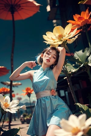 woman, flower dress, colorful, darl background,blue theme,exposure blend, medium shot, bokeh, (hdr:1.4), high contrast, (cinematic, teal and orange:0.85), (muted colors, dim colors, soothing tones:1.3), low saturation,asian girl