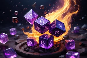 sever crystal dices are rolling (in fly:2.0), magic (rune:1.7), artstation, gothic, glow_in_the_dark, 3d render, unreal engine 3, highly detailed, realistic colors, violet dice, contrast color, particles, colored flame, EpicSky