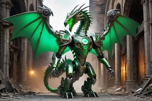 renaissance style mechanoid green (dragon:1.3) on industrial ruins, (raptor-robot head:1.2), (green glowing eyes:1.8), large 2wings, 4paws, (full body:1.8), steam punk, plate armor, one tail, intricately detailed, light and shadow, religious or mythological themes, highly detailed, wide angel view, (full body shot:1.8), detailmaster2, monster