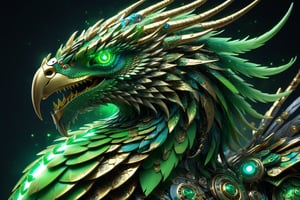 Leonardo Style, illustration, robotic green eagle-head dragon, 4 paws, full_body, steam punk, plate armor, glowing eye, colorful splashes, fractal details bioluminescens, one tail,  intricately detailed, cinematic, trending on artstation, intricate, hit definition, cinematic, 4k resolution, wide angel view, full body shot, bailing_eastern dragon, detailmaster2,detailmaster2