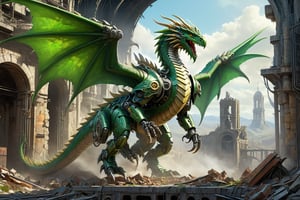 Leonardo Style, concept art, mechanoid green (dragon:1.3) on industrial ruins ,(raptor-robot head:1.2), large wings, 4 paws, (full body:1.8), steam punk, plate armor, glowing eye, one tail, intricately detailed, digital artwork, illustrative, painterly, matte painting, highly detailed, wide angel view, (full body shot:1.8), detailmaster2, monster
