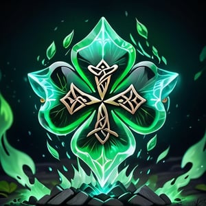 4 leaf clover of green crystall, magic (glowing rune:1.9), close up shot, artstation, gothic, glow_in_the_dark, vector art, illustartion, low detailed, realistic colors, contrast color, particles of blue crystal, colored flame, smoke, (solid background:2.0), EpicSky