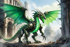 concept art mechanoid green (dragon:1.3) on industrial ruins ,(raptor-robot head:1.2), (green glowing eyes:1.8), large 2wings, 4paws, (full body:1.8), steam punk, plate armor, one tail, intricately detailed, digital artwork, illustrative, (painterly:1.8), (watercolour:1.8), matte painting, highly detailed, wide angel view, (full body shot:1.8), detailmaster2, monster