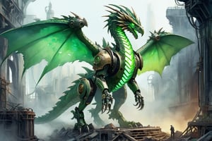concept art mechanoid green (dragon:1.3) on industrial ruins ,(raptor-robot head:1.2), (green glowing eyes:1.8), large 2wings, 4paws, (full body:1.8), steam punk, plate armor, one tail, intricately detailed, digital artwork, illustrative, (painterly:1.8), (watercolour:1.8), matte painting, highly detailed, wide angel view, (full body shot:1.8), detailmaster2, monster,flat design