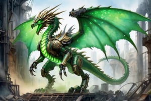 concept art mechanoid green (dragon:1.3) on industrial ruins ,(raptor-robot head:1.2), (green glowing eyes:1.8), large 2wings, 4paws, (full body:1.8), steam punk, plate armor, one tail, intricately detailed, digital artwork, illustrative, (painterly:1.8), (watercolour:1.8), matte painting, highly detailed, wide angel view, (full body shot:1.8), detailmaster2, monster
