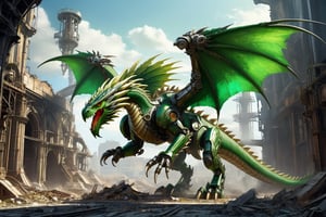 concept art mechanoid green (dragon:1.3) on industrial ruins ,(raptor-robot head:1.2), large wings, 4 paws, (full body:1.8), steam punk, plate armor, glowing eye, one tail, intricately detailed, digital artwork, illustrative, painterly, matte painting, highly detailed, wide angel view, (full body shot:1.8), detailmaster2, monster