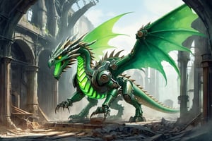 concept art mechanoid green (dragon:1.3) on industrial ruins,(raptor-robot head:1.2), (green glowing eyes:1.8), large 2wings, 4paws, (full body:1.8), steam punk, plate armor, one tail, intricately detailed, digital artwork, illustrative, (painterly:1.8), (watercolour:1.8), matte painting, highly detailed, wide angel view, (full body shot:1.8), detailmaster2, monster,flat design