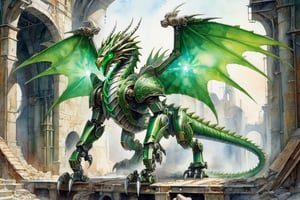 renaissance style mechanoid green (dragon:1.3) on industrial ruins,(raptor-robot head:1.2), (green glowing eyes:1.8), large 2wings, 4paws, (full body:1.8), steam punk, plate armor, one tail, intricately detailed, light and shadow, religious or mythological themes, (painterly:1.8), (watercolour:1.8), highly detailed, wide angel view, (full body shot:1.8), detailmaster2, monster