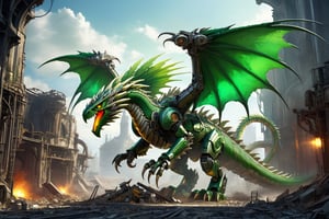 concept art mechanoid green (dragon:1.3) on industrial ruins ,(raptor-robot head:1.2), (glowing eyes:1.4), large wings, 4 paws, (full body:1.8), steam punk, plate armor, one tail, intricately detailed, digital artwork, illustrative, painterly, matte painting, highly detailed, wide angel view, (full body shot:1.8), detailmaster2, monster