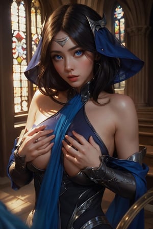 (masterpiece), irelia, (perfect_face), (blue_eyes), magical cathedral behind, best quality, high resolution, photorealistic, cinematic lighting, high details, Realism ,sexy lingerie