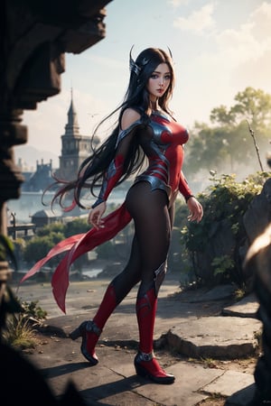 (masterpiece), irelia, (perfect_face), (detailed_blue_eyes), best quality, high resolution, photorealistic, Realism, full body portrait, from the side, transparent bodystocking