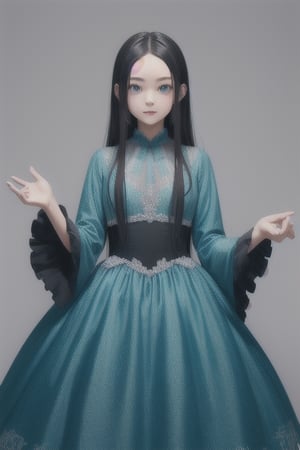 add a young girl with black long hair with a silver circle in her hair and a teal dress long and flowing with sleeves that cover hands