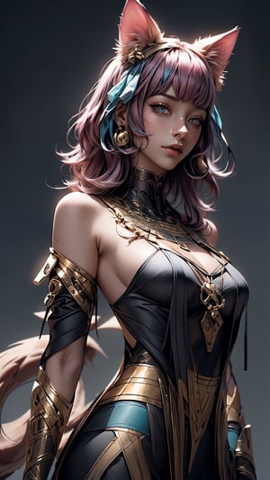 (((Masterpiece))), ah4, Ahri with (perfect_face) pink hair ((blue eyes)) ((multiple fox tails)), wearing egyptpunk styled transparent dress with cleavage bare shoulders and hair ribbon , egyptpunk ,egiptian pyramids in magical desert, Egypt, photorealistic , high res, detailed, 4k, ,mtu virus, looking at viewer, from below