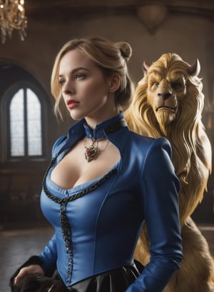 (((masterpiece))), Beauty and the beast, beast holding beauty on collar leash, bdsm, fetish, fetish_clothes, latex clothes, blonde, blue eyes, perfect_face, photorealistic, fantasy, high detailed, high res, 4k, 8k , high detail,photo r3al, looking at camera, cinematic lighting, 
