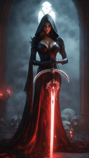 Photo of Sexy Female grim reaper holding mythical red glowing sword at magical graveyard ( grim reaper girl, black grim reaper hooded_cloak, petite, hourglass_body, sexy transparent lingerie, garter belt, stockings, high heeled boots, (holding (big scythe)), ((transparent clothes)), (perfect_face), red long hair), magical elements, (magical particles), detailed majestic red sky, fog around, realistic, photorealistic, dramatic lighting, intricate, high res, detailed, 4k, best quality, masterpiece, reaper of death, complex_background, realism, dark scene, horror, gothic, ((perfect_body)), implied_nude,