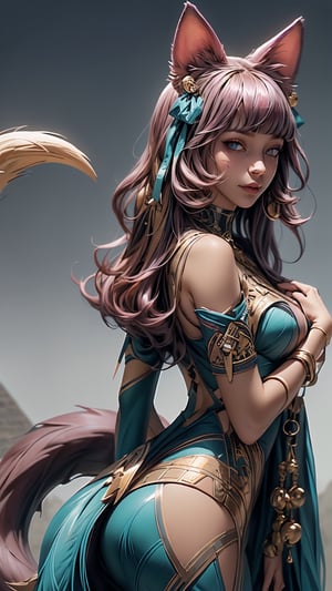 (((Masterpiece))), ah4, Ahri with (perfect_face) pink hair ((blue eyes)) ((multiple fox tails)), wearing egyptpunk styled transparent dress with cleavage bare shoulders and hair ribbon , egyptpunk ,egiptian pyramids in magical desert, Egypt, photorealistic , high res, detailed, 4k