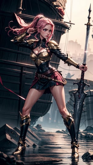 Viking princess, holding big magical glowing sword, black and gold laced armor, cleavage, , skirt, full body tatto, tattooed , ( perfect_face ) , braided pink hair, detailed eyes, fighting pose, seductive_face, wet skin, petite, skinny, minimalistic armor, on a ship,  masterpiece , realistic, cinematic lighting, magical, fantasy,  best quality, ultra-detailed, 8K , sexy