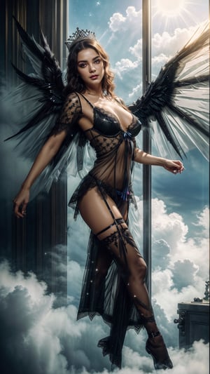 (1girl), angelic girl in skies, (((walking on clouds high in the sky))), (((big black wings))) ,(shiny angel wings), divine,  (seraphine), (((transparent black lace lingerie))), garter_belt, stockings , (negligee), (((see_through_clothes))), (((perfect_face))), make_up, black hair, long hair, (green_eyes), bright eyes, blushing_face, shy, shy_face, shiny diamond tiara, seductive_pose, sexy lingerie, Wearing edgTemptation, ((almost_naked)), skinny, nipples, alluring, (rainbow on face), (prismatic lights), lit up face, bright_face, glitter, shiny, dark rainy skies, moon, stars, sunrays, mist, surrounded by mist clouds,  detailed, (bright),  ultra fine, high quality, high detail, photorealistic,  ((epic)),  4k, fantasy, ((masterpiece)), 