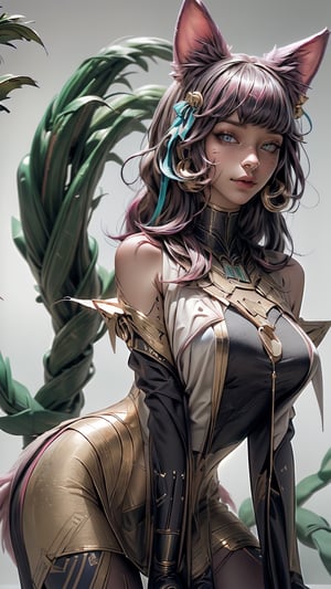 (((Masterpiece))), ah4, Ahri with (perfect_face) pink hair ((blue eyes)) ((multiple fox tails)), wearing egyptpunk styled transparent dress with cleavage bare shoulders and hair ribbon , egyptpunk ,egiptian pyramids in magical desert, Egypt, photorealistic , high res, detailed, 4k,eager pet pose