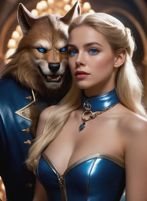 (((masterpiece))), couple, (( Beauty and the beast ): werewolf holding a princess on leash, bdsm, fetish_clothes, latex clothes, blonde, blue eyes, perfect_face,collar, chocker, bondage) , photorealistic, fantasy, high detailed, high res, 4k, 8k , high , full body, portrait , detail,photo r3al, cinematic lighting, 