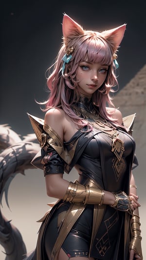 (((Masterpiece))), ah4, Ahri with (perfect_face) pink hair ((blue eyes)) ((multiple fox tails)), wearing egyptpunk styled transparent dress with cleavage bare shoulders and hair ribbon , egyptpunk ,egiptian pyramids in magical desert, Egypt, photorealistic , high res, detailed, 4k, facing_viewer 