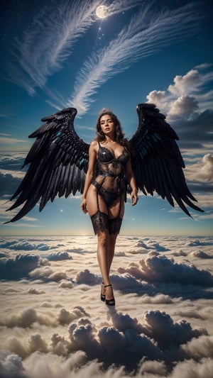 (1girl), (((angel girl walking on clouds high in the sky))), (((big black wings))) ,(shiny angel wings), (((clouds foreground))), ((emerging from clouds)), divine, angelic, (((transparent black lace lingerie))), garter_belt, stockings , (negligee), (((see_through_clothes))), (((perfect_face))), make_up, black hair, long hair, (green_eyes), bright eyes, blushing_face, shy, shy_face, shining diamond tiara, seductive_pose, sexy lingerie, Wearing edgTemptation, ((almost_naked)), skinny, nipples, alluring, ((full_body_photo)), (prismatic lights), lit up face, bright_face, glitter, shiny, dark stormy skies, moon, stars, sunrays, mist, surrounded by mist clouds,  detailed, (bright),  ultra fine, high quality, high detail, photorealistic,  ((epic)),  4k, fantasy, ((masterpiece)), nsfw
