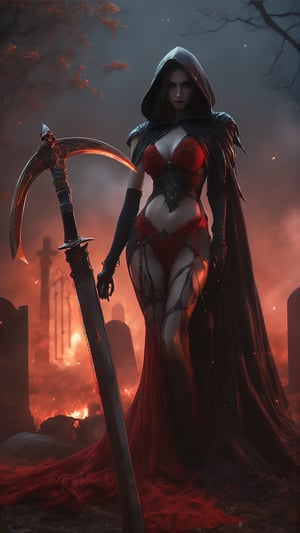 Photo of Sexy Female grim reaper holding scythe at magical graveyard ( grim reaper girl, grim reaper hooded_cloak, skinny, hourglass_body, sexy lingerie, garter belt, stockings, high heeled boots, (holding (big scythe)), ((transparent clothes)), (perfect_face), red long hair), magical elements, (magical particles), detailed majestic red sky, fog around, realistic, photorealistic, dramatic lighting, intricate, high res, detailed, 4k, best quality, masterpiece, reaper of death, complex_background, realism, dark scene, horror