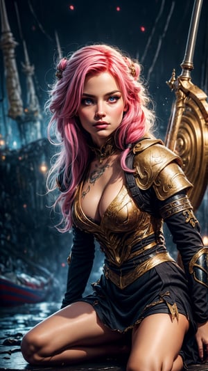 Viking princess, holding big magical glowing sword, black and gold laced armor, cleavage, , skirt, full body tatto, tattooed , ( perfect_face ) , braided pink hair, detailed eyes, fighting pose, seductive_face, wet skin, petite, skinny, minimalistic armor, on a ship,  masterpiece , realistic, cinematic lighting, magical, fantasy,  best quality, ultra-detailed, 8K , sexy,Realism