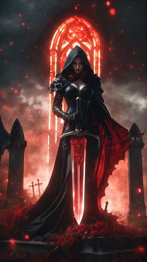 Photo of Sexy Female grim reaper girl with red hair, wearing black laced transparent hooded cloak holding mythical red glowing great sword at graveyard ( grim reaper woman,  (hourglass_body), ((naked)), (garter belt), (stockings), high heeled boots, (holding (greatsword)), (perfect_face)), magical elements, (magical particles), red stormy sky, realistic, photorealistic, dramatic dark lighting, intricate, high res, detailed, 4k, best quality, masterpiece, reaper of death, complex_background, realism, dark scene, horror, gothic, hyper_realistic, 
