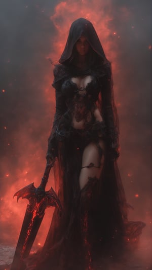 Photo of Sexy Female grim reaper holding mythical red glowing sword at magical graveyard ( grim reaper girl, grim reaper hooded_cloak, petite, hourglass_body, sexy transparent lingerie, garter belt, stockings, high heeled boots, (holding (big scythe)), ((transparent clothes)), (perfect_face), red long hair), magical elements, (magical particles), detailed majestic red sky, fog around, realistic, photorealistic, dramatic lighting, intricate, high res, detailed, 4k, best quality, masterpiece, reaper of death, complex_background, realism, dark scene, horror, gothic, ((perfect_body)), implied_nude,