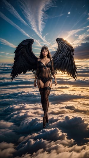 (1girl), (((angel girl walking on clouds high in the sky))), (((big black wings))) ,(shiny angel wings), divine, angelic, (((transparent black lace lingerie))), garter_belt, stockings , (negligee), (((see_through_clothes))), (((perfect_face))), make_up, black hair, long hair, (green_eyes), bright eyes, blushing_face, shy, shy_face, shining diamond tiara, seductive_pose, sexy lingerie, Wearing edgTemptation, ((almost_naked)), skinny, nipples, alluring, ((full_body_photo)), (prismatic lights), lit up face, bright_face, glitter, shiny, dark stormy skies, moon, stars, sunrays, mist, surrounded by mist clouds,  detailed, (bright),  ultra fine, high quality, high detail, photorealistic,  ((epic)),  4k, fantasy, ((masterpiece)),