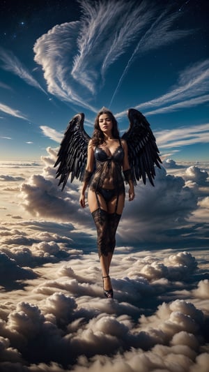 (1girl), (((angel girl walking on clouds high in the sky))), (((big black wings))) ,(shiny angel wings), (((covered by clouds around))), ((emerging from clouds)), divine, angelic, (((transparent black lace lingerie))), garter_belt, stockings , (negligee), (((see_through_clothes))), (((perfect_face))), make_up, black hair, long hair, (green_eyes), bright eyes, blushing_face, shy, shy_face, shining diamond tiara, seductive_pose, sexy lingerie, Wearing edgTemptation, ((almost_naked)), skinny, nipples, alluring, ((full_body_photo)), (prismatic lights), lit up face, bright_face, glitter, shiny, dark stormy skies, moon, stars, sunrays, mist, surrounded by mist clouds,  detailed, (bright),  ultra fine, high quality, high detail, photorealistic,  ((epic)),  4k, fantasy, ((masterpiece)),