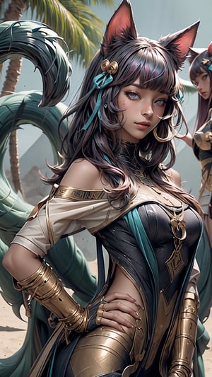 (((Masterpiece))), ah4, Ahri with (perfect_face) pink hair ((blue eyes)) ((multiple fox tails)), wearing egyptpunk styled transparent dress with cleavage bare shoulders and hair ribbon , egyptpunk ,egiptian pyramids in magical desert, Egypt, photorealistic , high res, detailed, 4k