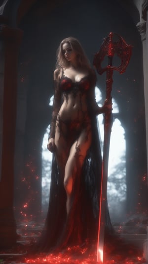 Photo of Sexy Female grim reaper holding mythical red glowing sword at magical graveyard ( grim reaper girl, grim reaper hooded_cloak, petite, hourglass_body, sexy transparent lingerie, garter belt, stockings, high heeled boots, (holding (big scythe)), ((transparent clothes)), (perfect_face), red long hair), magical elements, (magical particles), detailed majestic red sky, fog around, realistic, photorealistic, dramatic lighting, intricate, high res, detailed, 4k, best quality, masterpiece, reaper of death, complex_background, realism, dark scene, horror, gothic, ((perfect_body)), implied_nude,