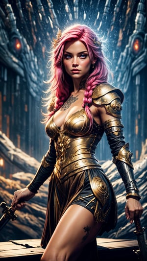 Viking princess, holding big magical glowing sword, black and gold laced armor, cleavage, , skirt, full body tatto, tattooed , ( perfect_face ) , braided pink hair, detailed eyes, fighting pose, seductive_face, wet skin, petite, skinny, minimalistic armor, on a ship,  masterpiece , realistic, cinematic lighting, magical, fantasy,  best quality, ultra-detailed, 8K , sexy,Realism