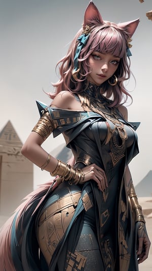 (((Masterpiece))), aj4, Ahri with (perfect_face) pink hair ((blue eyes)) ((multiple fox tails)), wearing egyptpunk styled dress with bare shoulders and hair ribbon , egyptpunk ,egiptian pyramids in magical desert, Egypt, photorealistic , high res, detailed, 4k