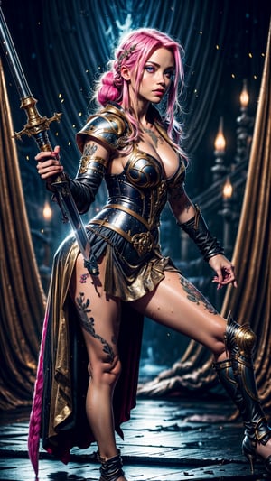 Viking princess, holding big magical glowing sword, black and gold laced armor, cleavage, , skirt, full body tatto, tattooed , ( perfect_face ) , braided pink hair, detailed eyes, fighting pose, seductive_face, wet skin, petite, skinny, minimalistic armor, on a ship,  masterpiece , realistic, cinematic lighting, magical, fantasy,  best quality, ultra-detailed, 8K , sexy,Realism