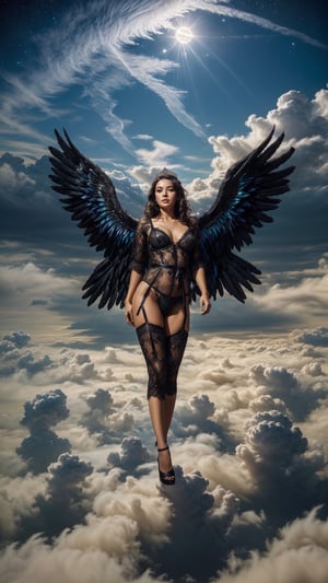 (1girl), (((angel girl walking on clouds high in the sky))), (((big black wings))) ,(shiny angel wings), (in clouds), (covered by clouds), divine, angelic, (((transparent black lace lingerie))), garter_belt, stockings , (negligee), (((see_through_clothes))), (((perfect_face))), make_up, black hair, long hair, (green_eyes), bright eyes, blushing_face, shy, shy_face, shining diamond tiara, seductive_pose, sexy lingerie, Wearing edgTemptation, ((almost_naked)), skinny, nipples, alluring, ((full_body_photo)), (prismatic lights), lit up face, bright_face, glitter, shiny, dark stormy skies, moon, stars, sunrays, mist, surrounded by mist clouds,  detailed, (bright),  ultra fine, high quality, high detail, photorealistic,  ((epic)),  4k, fantasy, ((masterpiece)),