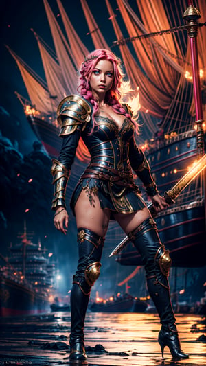 Viking princess, holding big magical glowing sword, black and gold laced armor, cleavage, , skirt, full body tatto, tattooed , ( perfect_face ) , braided pink hair, detailed eyes, fighting pose, seductive_face, wet skin, petite, skinny, minimalistic armor, on a ship,  masterpiece , realistic, cinematic lighting, magical, fantasy,  best quality, ultra-detailed, 8K , sexy,Realism