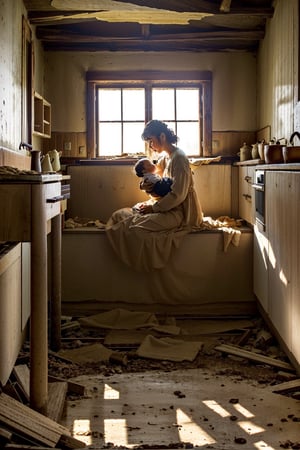 a villager southeast asia woman sitting and put her new born baby on her back and cooking in the kitchen, dramatic scenery, realistic photography, 18k crazy detail, smaok, light ray, dark background, warm ambient light,interior,renaissance_alchemist_studio,abandoned_style