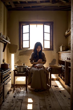 a villager southeast asia woman sitting and put her new born baby on her back and cooking in the kitchen, dramatic scenery, realistic photography, 18k crazy detail, smaok, light ray, dark background, warm ambient light,interior,renaissance_alchemist_studio,abandoned_style