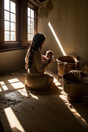 a villager southeast asia woman sitting and put her new born baby on her back and cooking in the kitchen, dramatic scenery, realistic photography, 18k crazy detail, smaok, light ray, dark background, warm ambient light,interior,renaissance_alchemist_studio,abandoned_style