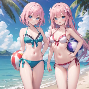 Description: Sakura is a kawaii girl with long pastel pink hair and big, sparkly blue eyes. She has a fair complexion with rosy cheeks, giving her a youthful and innocent appearance. She is petite and has a slim yet curvy figure.

Bikini Design: Sakura's bikini is a pastel rainbow-colored two-piece with a frilly trim. The top has a bandeau style with small bows on the straps while the bottoms are adorned with cute bows on the sides. The bikini is decorated with various kawaii accessories, such as hearts, stars, and sparkles.

Pose: Sakura is standing near the shoreline of a tropical beach, with one hand playfully resting on her hip while the other holds a colorful beach ball. She has a charming smile on her face, radiating joy and positivity.

Background: The background is a picturesque beachscape with crystal clear turquoise water, soft sandy beaches, and palm trees gently swaying in the breeze. The sun is shining brightly, casting a warm glow over the scene.

Resolution: The image is rendered in an ultra-detailed resolution, capturing every tiny detail, from the individual strands of Sakura's hair to the intricate patterns on her bikini.
