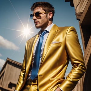    (masterpiece, best quality, realistic, detailed, crisp:1.2), intricate details, goldentech, (low angle, picture), (shrex),  (goldsuit, yellow necktie, sunglasses, hands on chest),  gleam, shine, backlighting,

