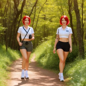 inkpunk style illustration of a beautiful woman with (blond:red:0.8) short hair wearing club gear Walking on a forest path 
