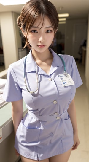 (masterpiece,best Quality:1.4),(extremely detailed,8k,High Resolution:1.2),front view,cowboy shot,Japanese,adult lady,28-year-old,(chignon:1.5),BREAK,(nurse uniform:1.2),BREAK,(Enormous Breasts:1.2),(sexy pose:1.5),BREAK,(nurses' station:1.2)