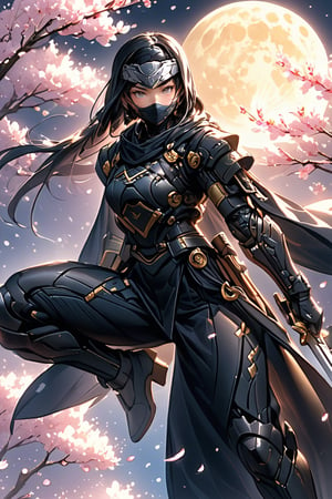 A breathtaking masterpiece: Moonlit Ninja - A female ninja soars through the air under the radiant full moon's light, cherry blossoms gently falling around her like a pink veil. Her raven-black hair flows behind her like a dark cloak, as she wields her sword with precision and finesse. The illustration's intricate lines and delicate drawing are ultra-detailed, exuding an astonishing quality. Subtle imperfections on the surface add to the sense of realism, while warm lighting casts a soft, pastel glow, illuminating the entire scene.