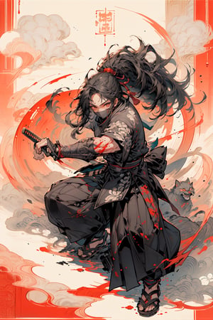 (masterpiece, best quality, ultra-detailed, beautiful, nai3),very aesthetic,intricate,best quality,(amazing quality),extremely hyghres resolution,(ultra-detailed),intricate detailed face and eyes,intricate line,(delicate drawing),1girl, solo, long hair, holding, full body, kunoichi,ponytail, weapon, japanese clothes, sword, scarf, holding weapon, red ribbon, sash, traditional media, holding sword, obi, floral print, sandals, katana, sheath, smoke, toenails,((blood on face)),(blood on sword) ,(fighting stance:1.3), anklet, (ninja_action),(covered mouth:1.5),ninja, black kimono, hair pulled back,(dynamic-action), in the air, 
BREAK, (calligraphy patterns), (artistic lettering, beautiful scripts), (penmanship), (visual poetry), (cultural expressi(decorative writing), (Ink wash painting Yakuza background:1.3), (expressive lettering, lettering art:1.4),(Chinese characters:1.3), (Taijitu, yin and yan symbol),nodf_lora,ultra delicate, clearly, super fine illustration, absorbres, pastel art,
BREAK beautiful lighting, beautiful glow,